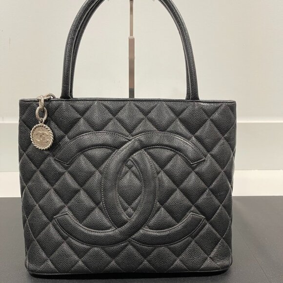 Chanel Medallion Tote Quilted Caviar Black with Aged Silver Hardware (116726)